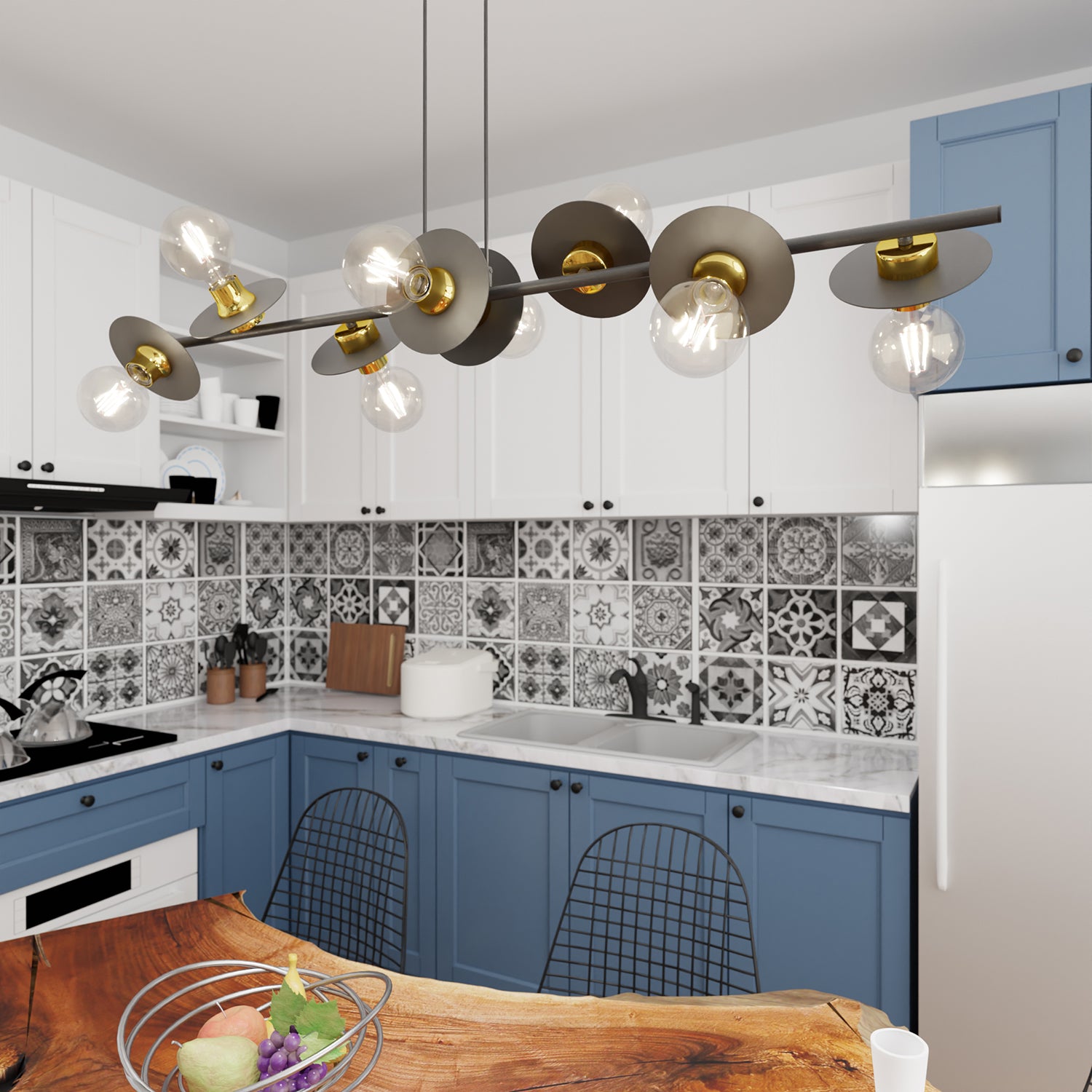 Lampadario 8 Luci Eos In Acciaio Nero E Oro Con Barra E Diffusori A Piatti