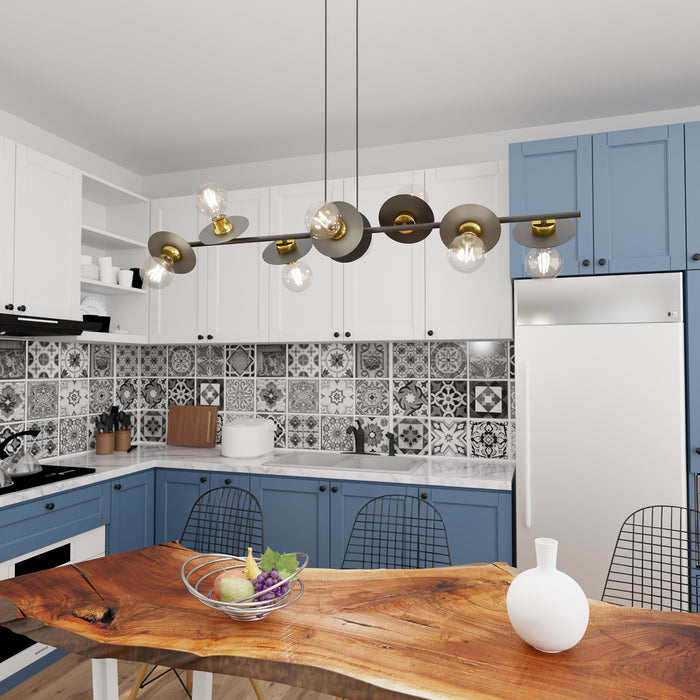 Lampadario 8 Luci Eos In Acciaio Nero E Oro Con Barra E Diffusori A Piatti