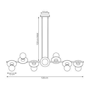 Lampadario 8 Luci Eos In Acciaio Nero E Oro Con Barra E Diffusori A Piatti