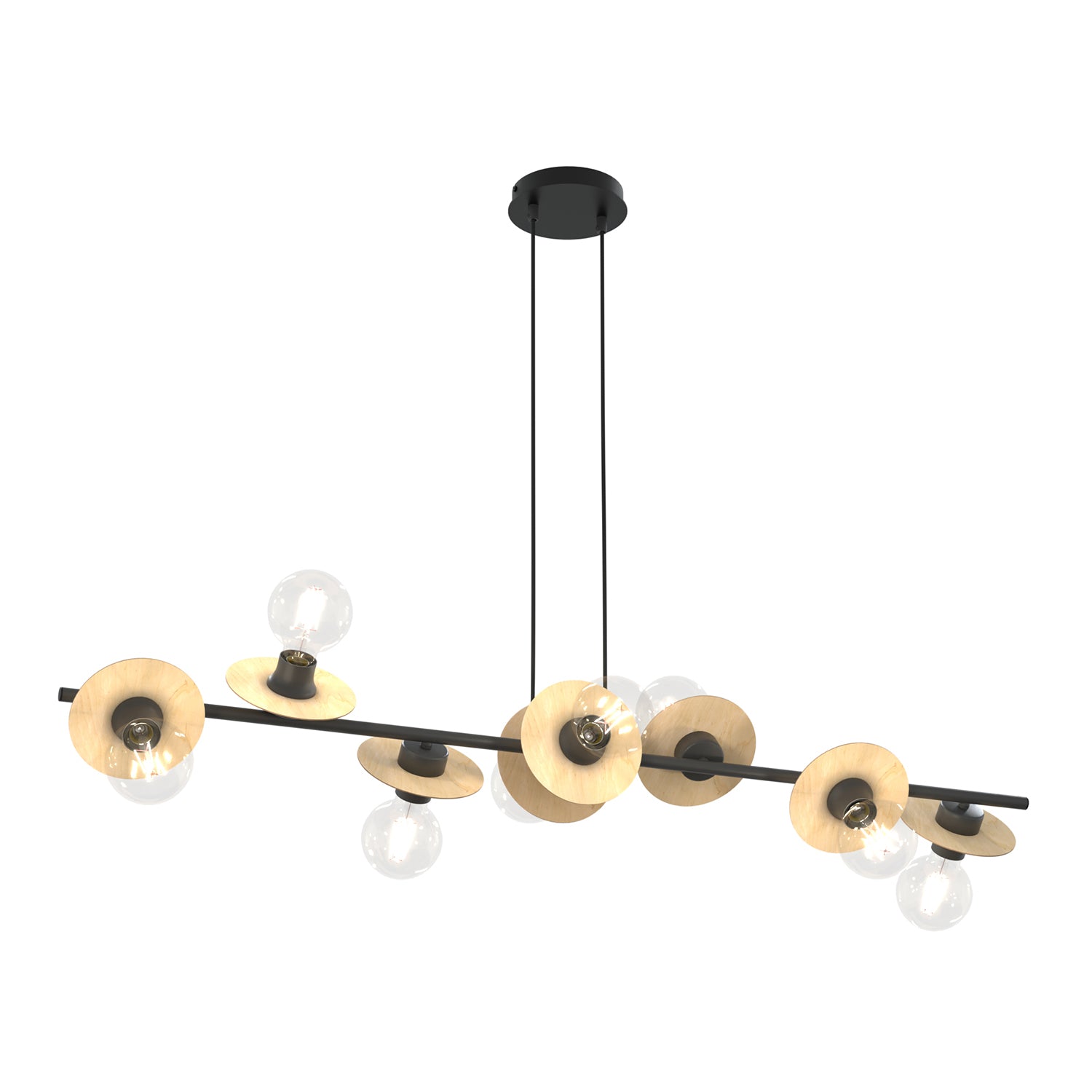 Lampadario 8 Luci Eos In Acciaio Nero E Legno Con Barra E Diffusori A Piatti