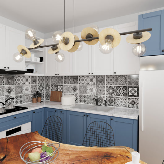 Lampadario 8 Luci Eos In Acciaio Nero E Legno Con Barra E Diffusori A Piatti