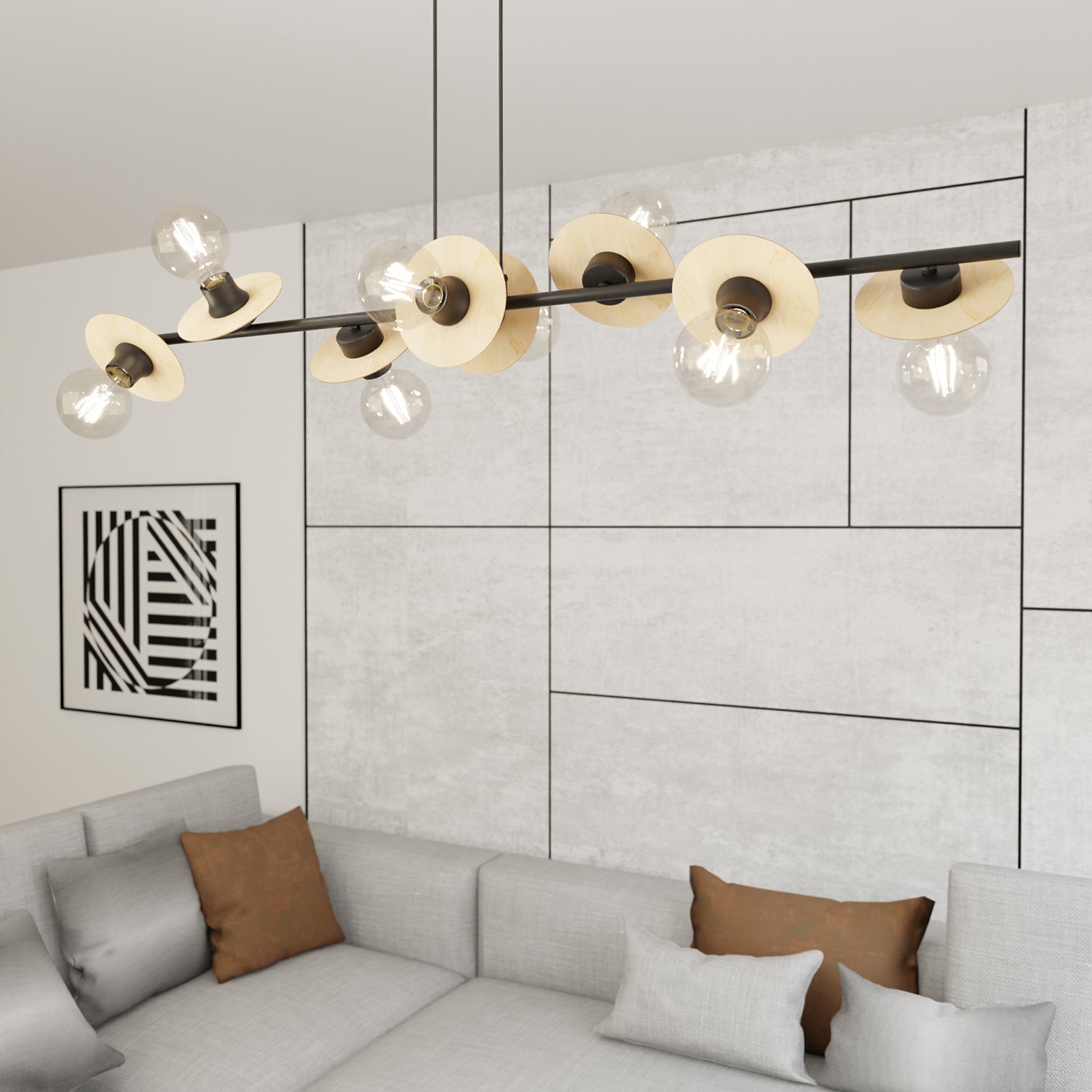 Lampadario 8 Luci Eos In Acciaio Nero E Legno Con Barra E Diffusori A Piatti