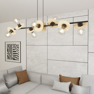 Lampadario 8 Luci Eos In Acciaio Nero E Legno Con Barra E Diffusori A Piatti