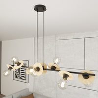 Lampadario 8 Luci Eos In Acciaio Nero E Legno Con Barra E Diffusori A Piatti