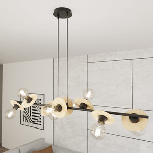 Lampadario 8 Luci Eos In Acciaio Nero E Legno Con Barra E Diffusori A Piatti