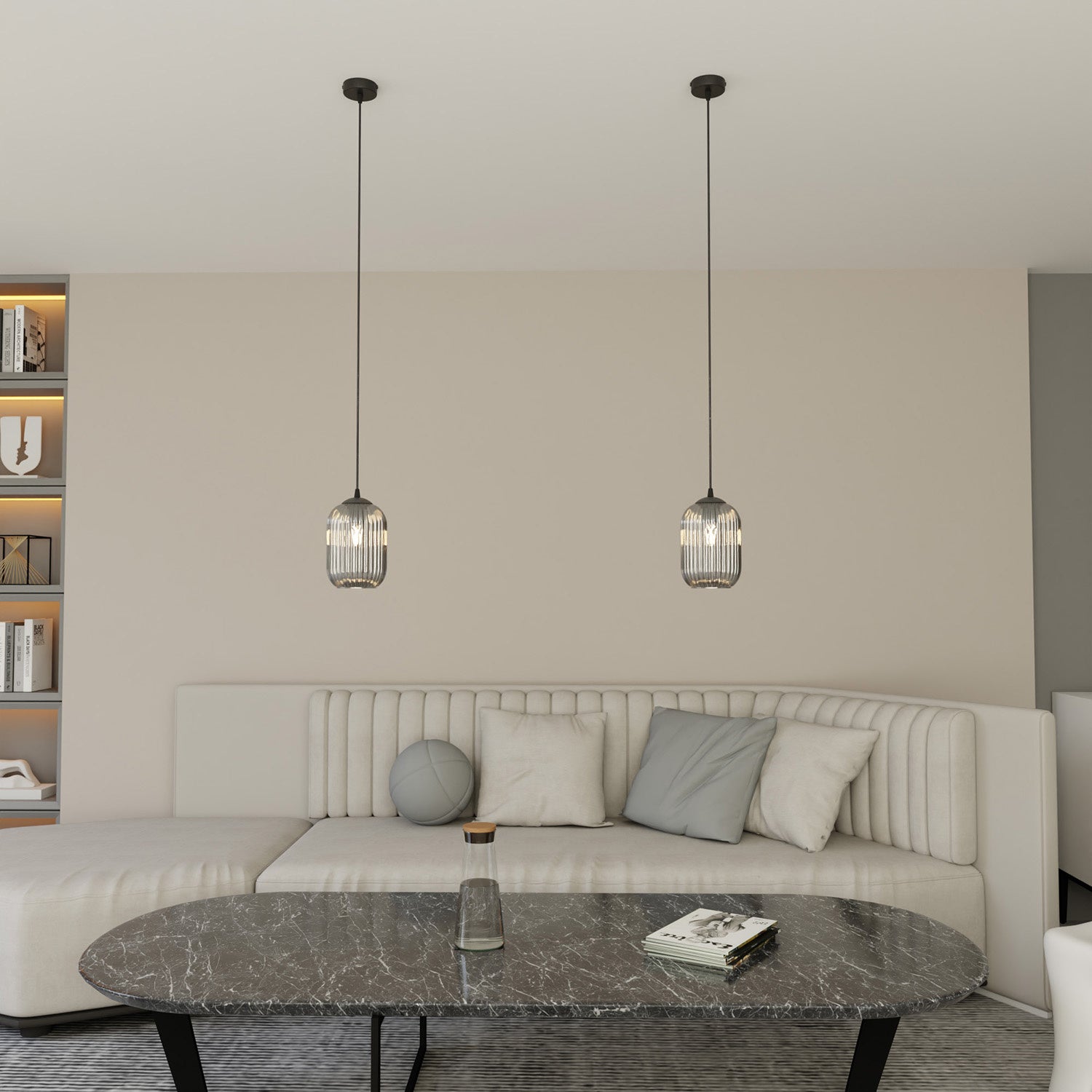 Sospensione 1 Luce Selene In Acciaio Nero E Vetro Plissettato Fumè