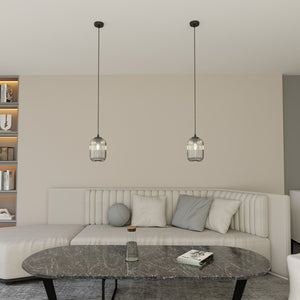 Sospensione 1 Luce Selene In Acciaio Nero E Vetro Plissettato Fumè