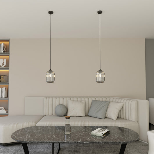 Sospensione 1 Luce Selene In Acciaio Nero E Vetro Plissettato Fumè