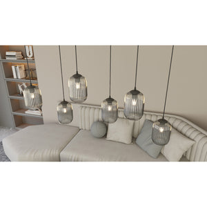 Sospensione 1 Luce Selene In Acciaio Nero E Vetro Plissettato Fumè