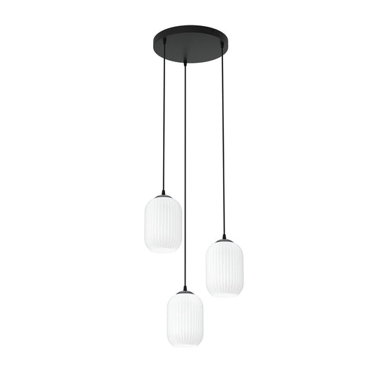 Lampadario 3 Luci Selene Base Tonda In Acciaio Nero E Vetri Plissettati Bianchi