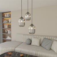 Lampadario 3 Luci Selene Base Tonda In Acciaio Nero E Vetri Plissettati Fumè