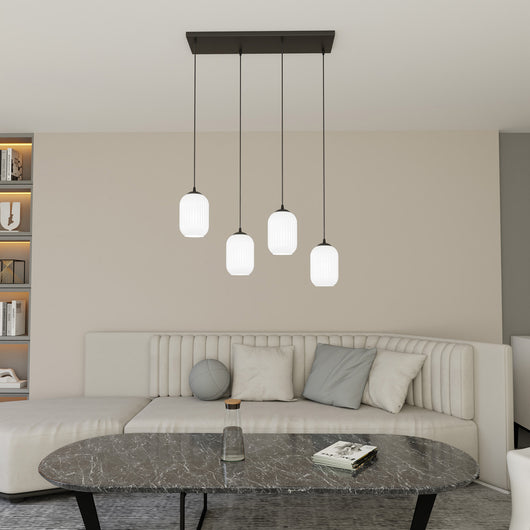 Lampadario 4 Luci Selene In Acciaio Nero E Vetri Plissettati Bianchi