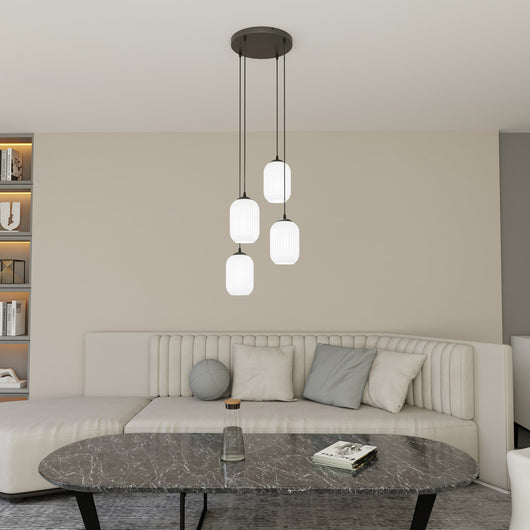 Lampadario 4 Luci Selene Base Tonda In Acciaio Nero E Vetri Plissettati Bianchi