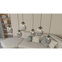 Lampadario 4 Luci Selene In Acciaio Nero E Vetri Plissettati Fumè