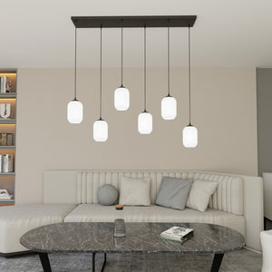 Lampadario 6 Luci Selene In Acciaio Nero E Vetri Plissettati Bianchi