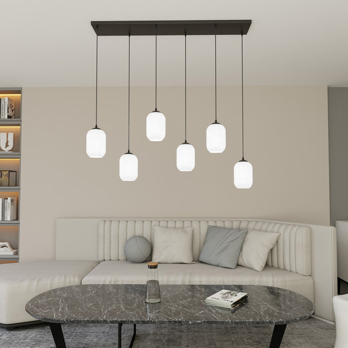 Lampadario 6 Luci Selene In Acciaio Nero E Vetri Plissettati Bianchi