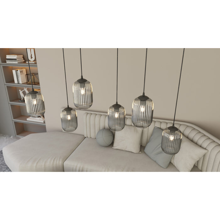 Lampadario 6 Luci Selene In Acciaio Nero E Vetri Plissettati Fumè