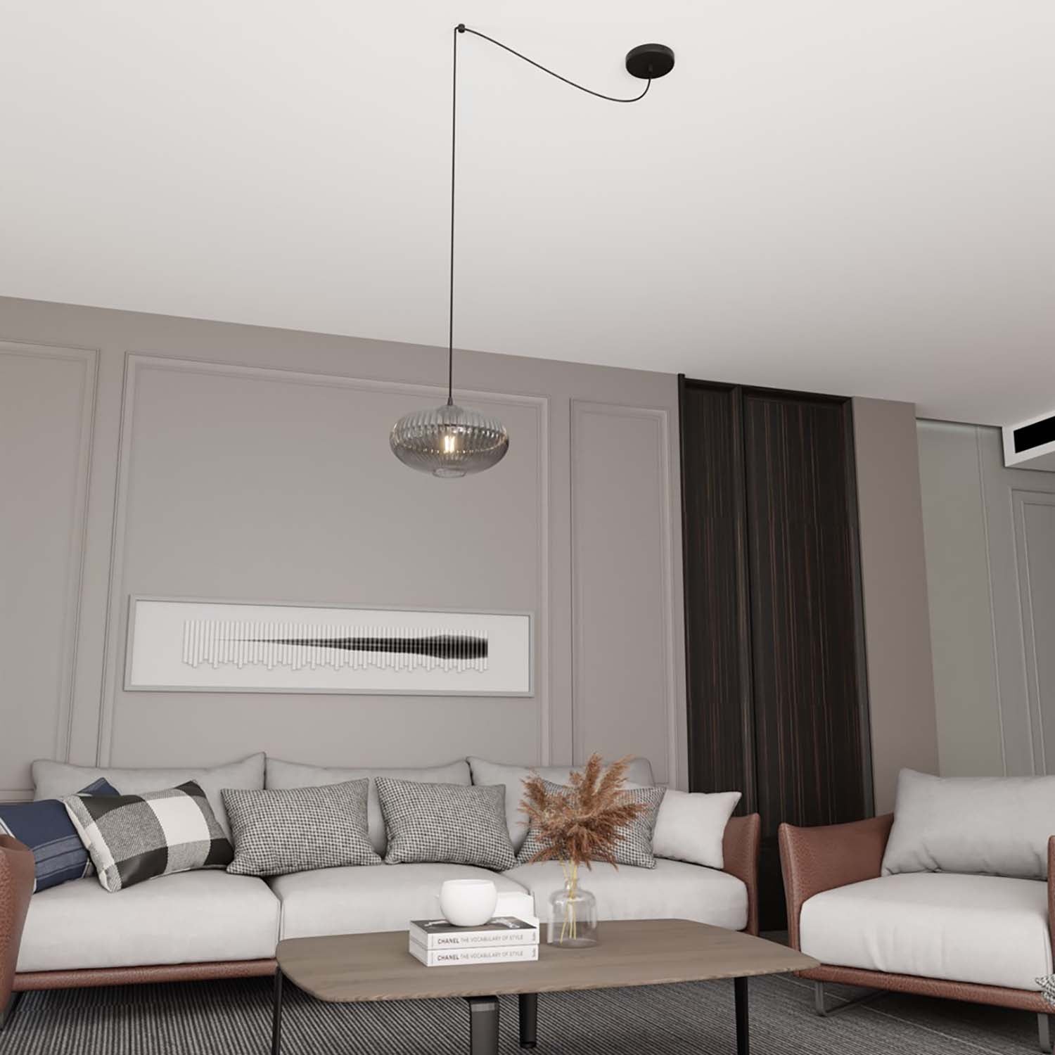 Sospensione 1 Luce Elios In Acciaio Nero Paralume Plissettato Fumè