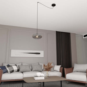 Sospensione 1 Luce Elios In Acciaio Nero Paralume Plissettato Fumè