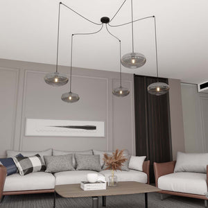 Lampadario 5 Luci Elios In Acciaio Nero Paralume Plissettato Fumè