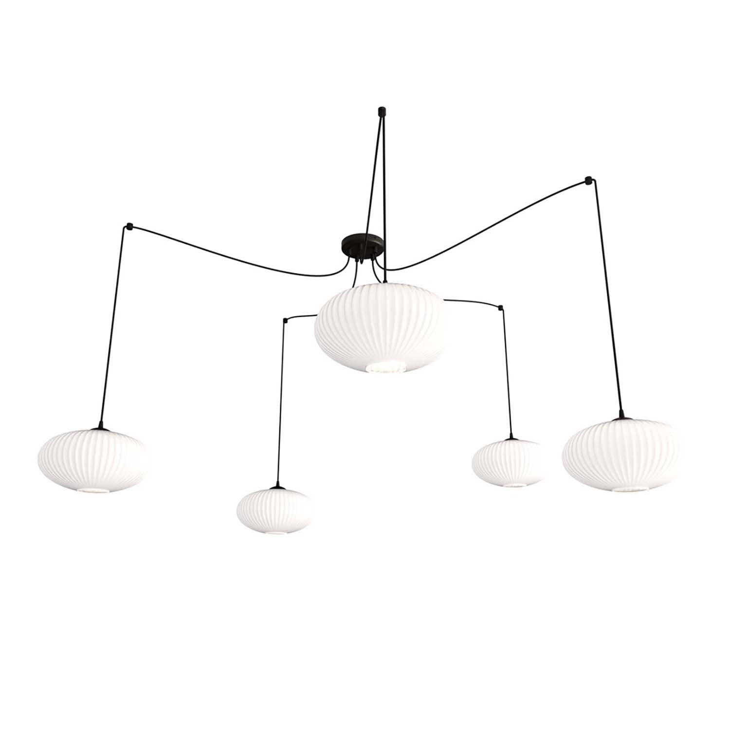 Lampadario 5 Luci Elios In Acciaio Nero Paralume Plissettato Bianco