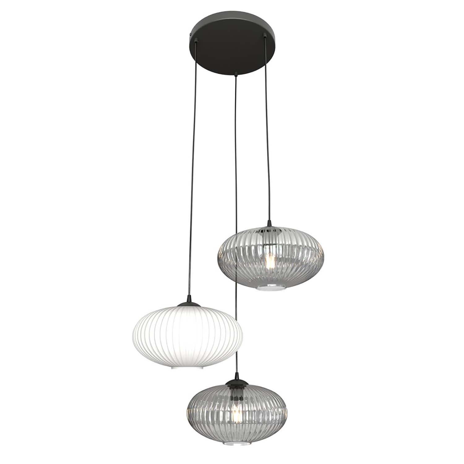 Lampadario 3 Luci Iris Base Tonda In Acciaio Nero Paralume Plissè Multicolor