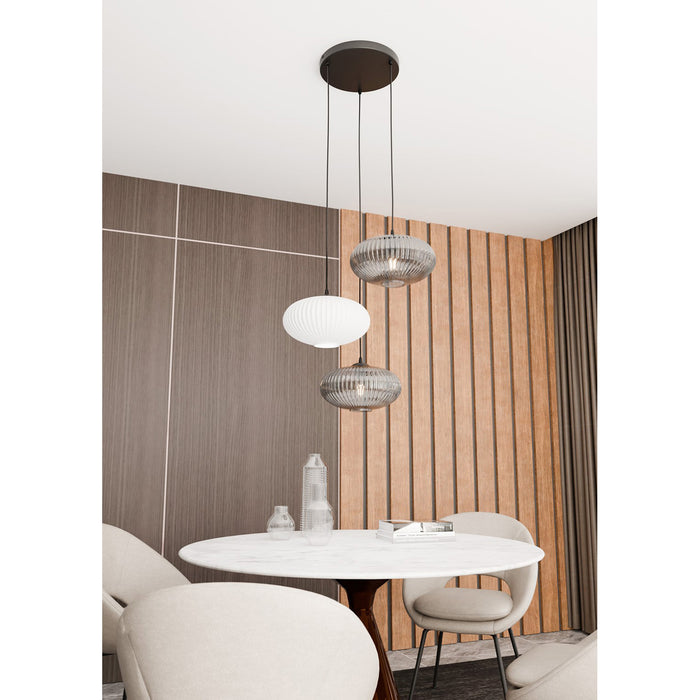 Lampadario 3 Luci Iris Base Tonda In Acciaio Nero Paralume Plissè Multicolor