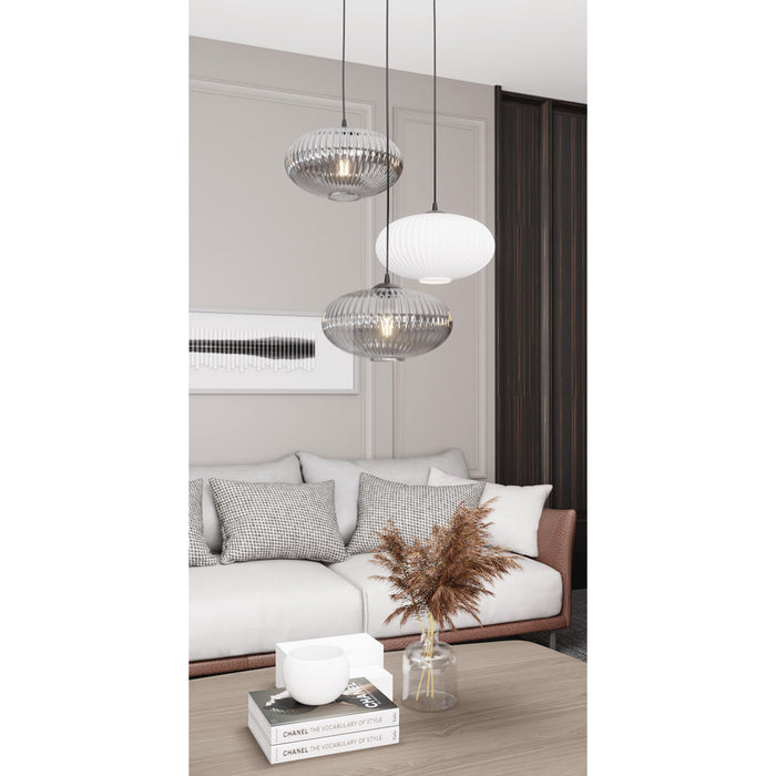 Lampadario 3 Luci Iris Base Tonda In Acciaio Nero Paralume Plissè Multicolor