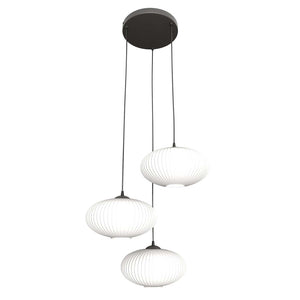 Lampadario 3 Luci Iris Base Tonda In Acciaio Nero Paralume Plissettato Bianco