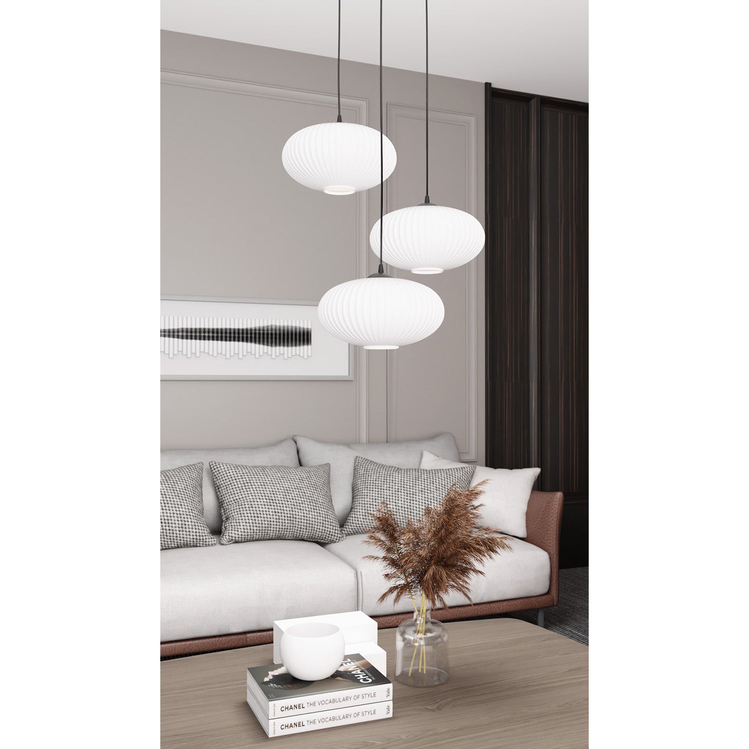 Lampadario 3 Luci Iris Base Tonda In Acciaio Nero Paralume Plissettato Bianco