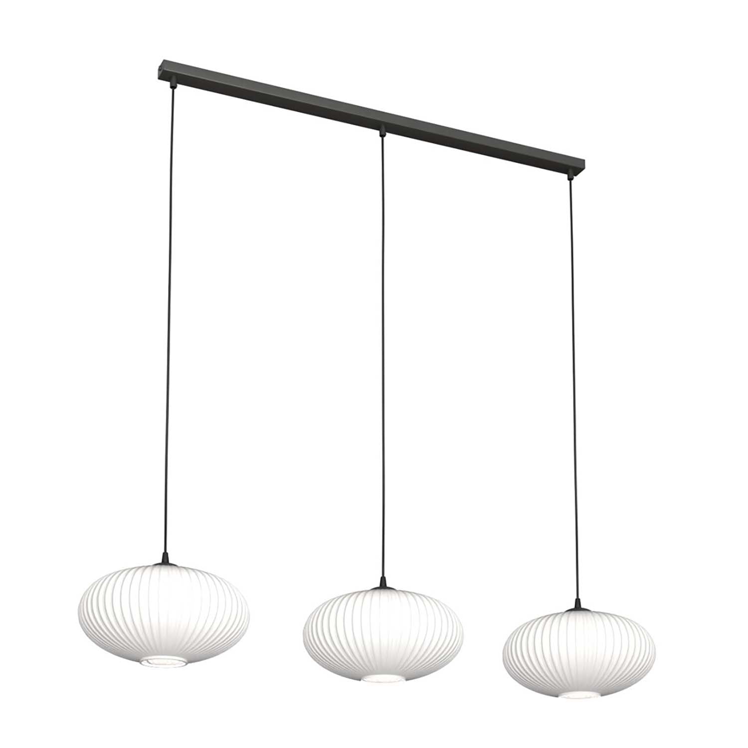 Lampadario 3 Luci Iris In Acciaio Nero Paralume Plissettato Bianco