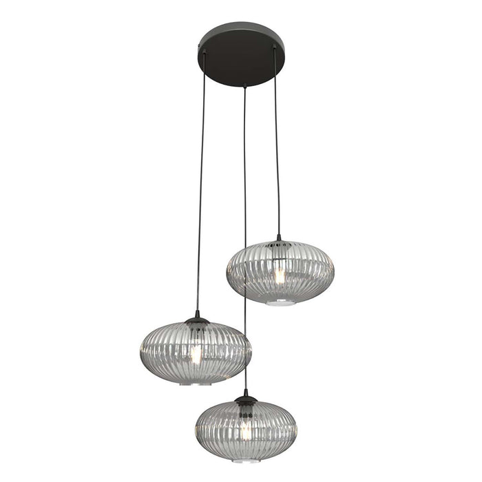 Lampadario 3 Luci Iris Base Tonda In Acciaio Nero Paralume Plissettato Fumè