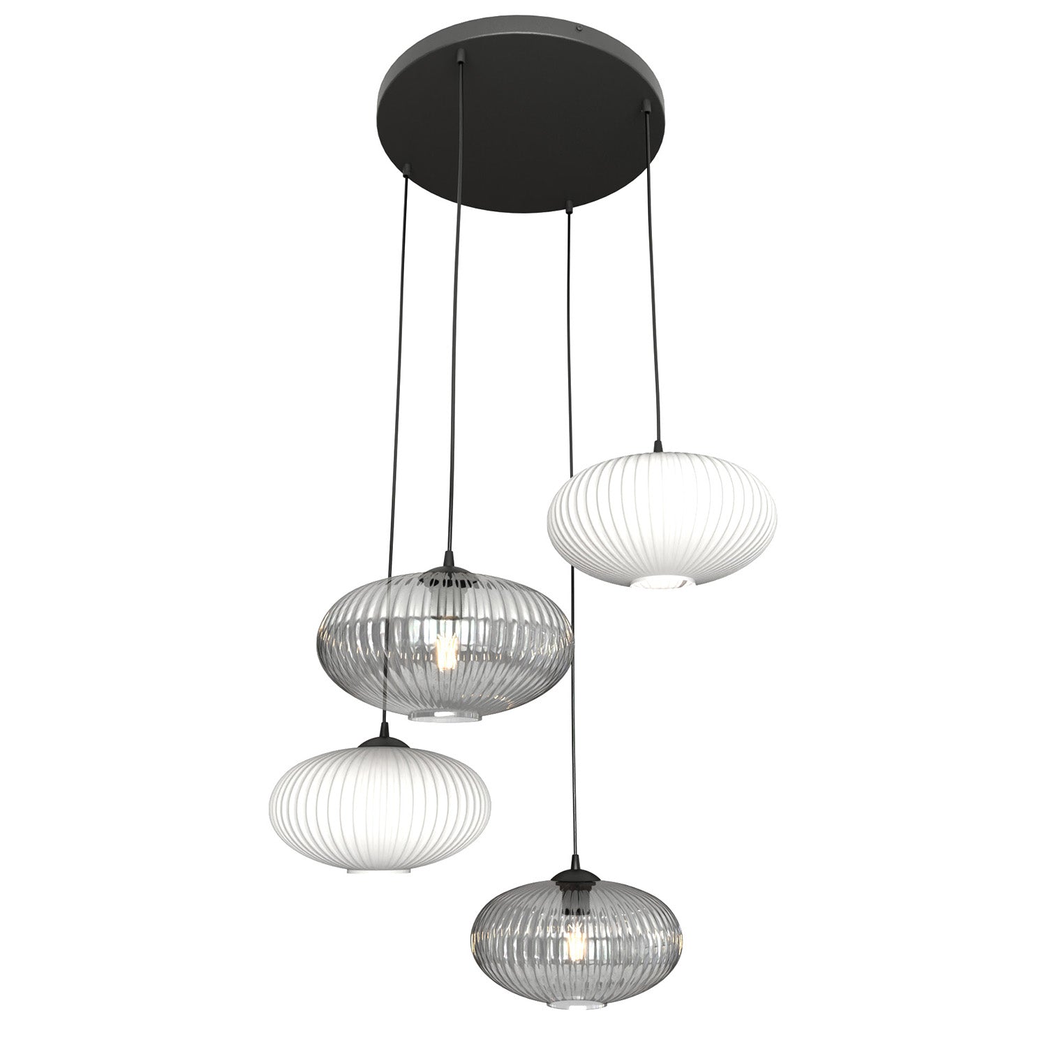 Lampadario 4 Luci Iris Base Tonda In Acciaio Nero Paralume Plissè Multicolor