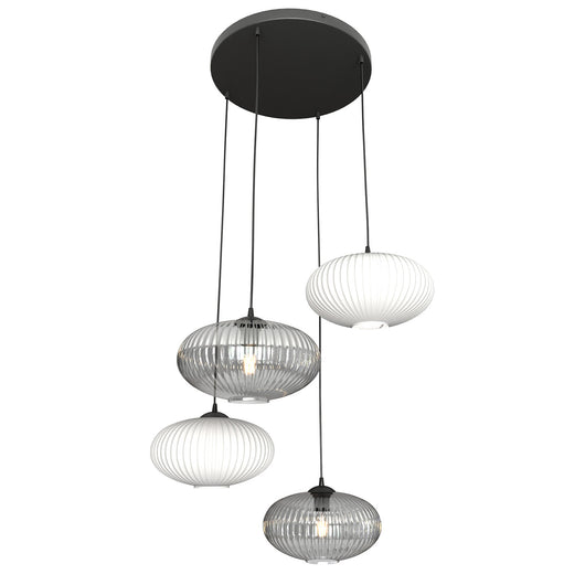 Lampadario 4 Luci Iris Base Tonda In Acciaio Nero Paralume Plissè Multicolor