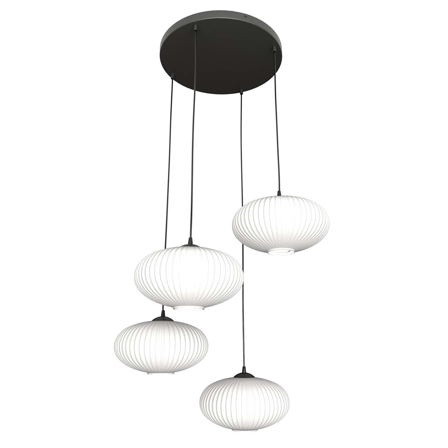 Lampadario 4 Luci Iris Base Tonda In Acciaio Nero Paralume Plissettato Bianco