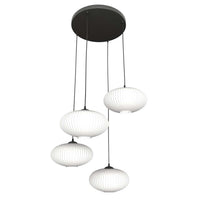 Lampadario 4 Luci Iris Base Tonda In Acciaio Nero Paralume Plissettato Bianco