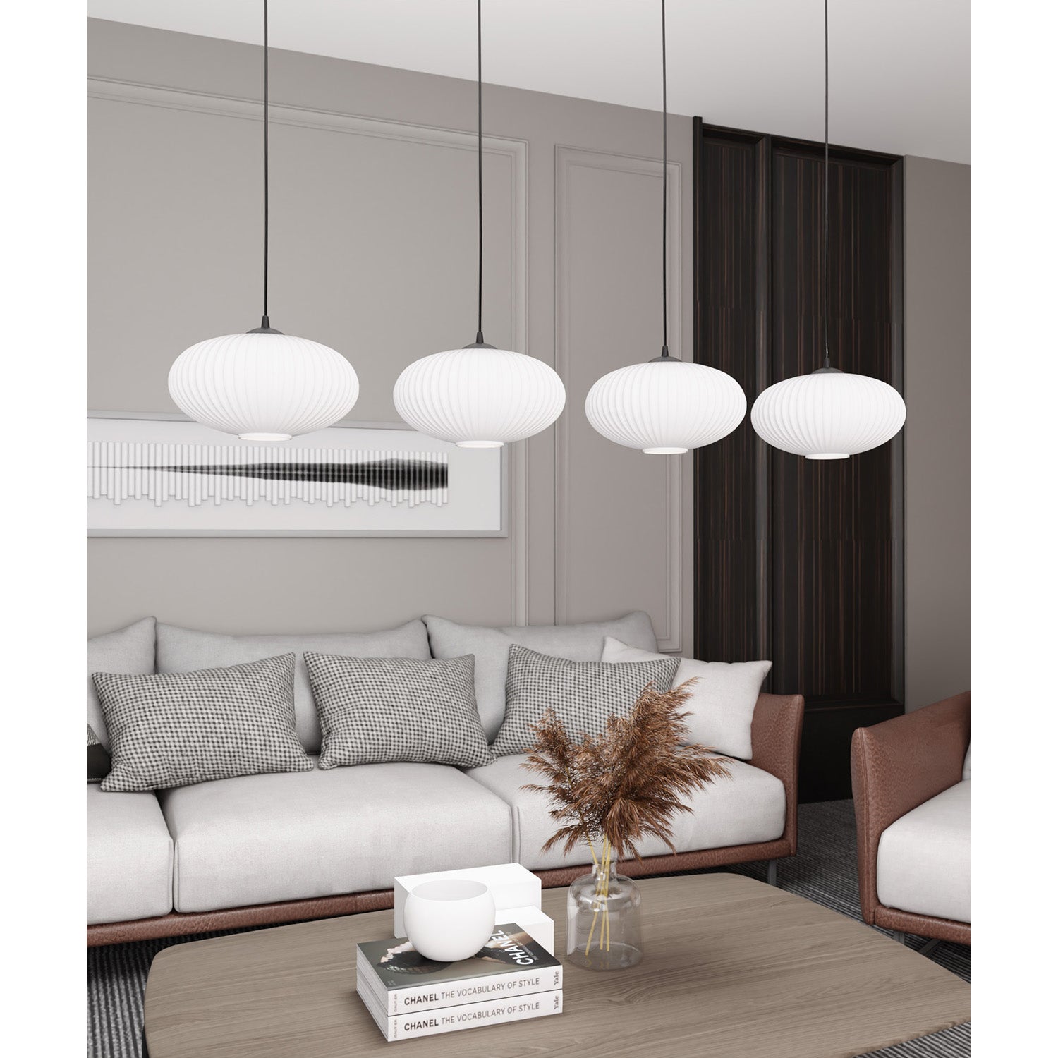 Lampadario 4 Luci Iris In Acciaio Nero Paralume Plissettato Bianco