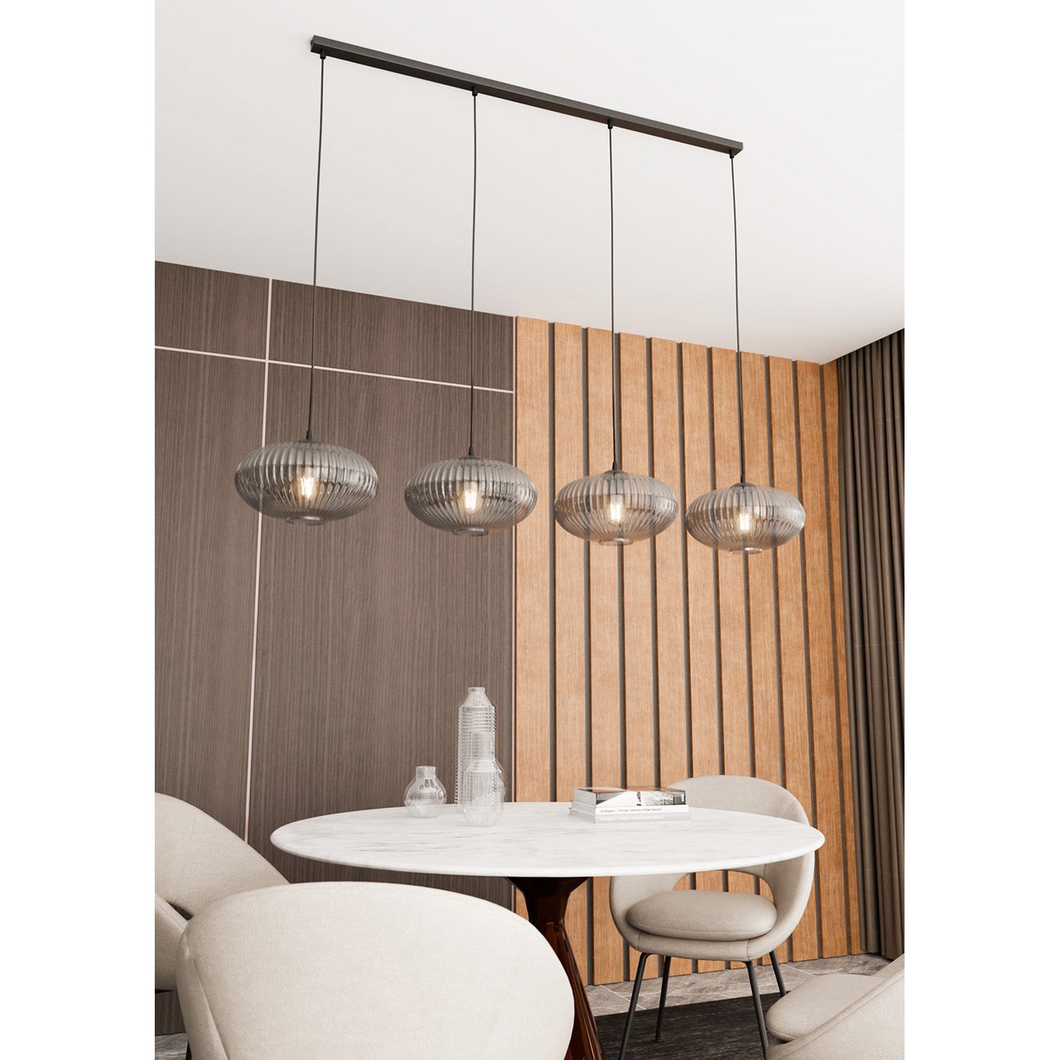 Lampadario 4 Luci Iris In Acciaio Nero Paralume Plissettato Fumè