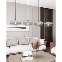 Lampadario 4 Luci Iris In Acciaio Nero Paralume Plissettato Fumè