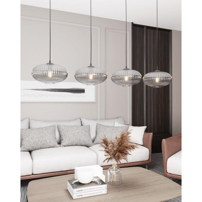 Lampadario 4 Luci Iris In Acciaio Nero Paralume Plissettato Fumè