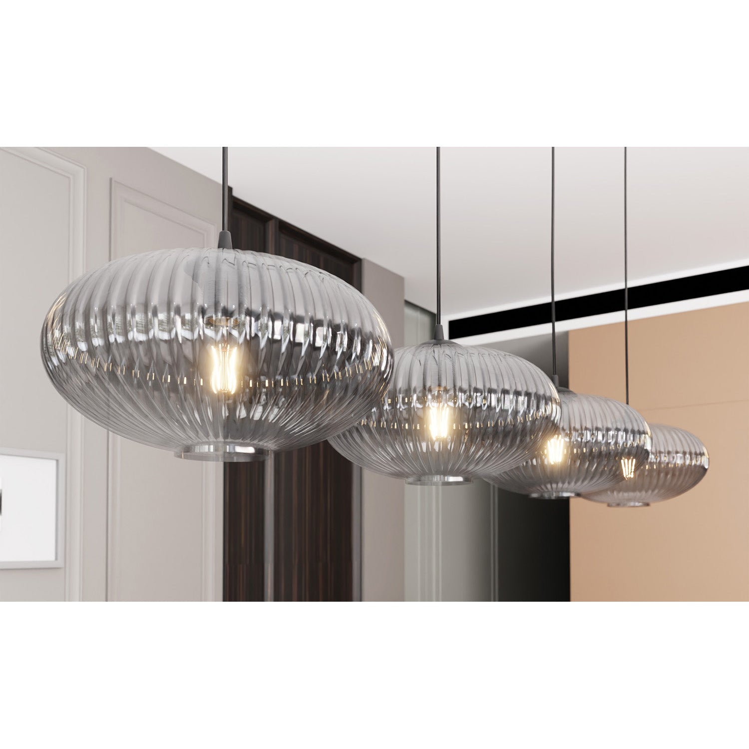 Lampadario 4 Luci Iris In Acciaio Nero Paralume Plissettato Fumè