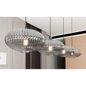 Lampadario 4 Luci Iris In Acciaio Nero Paralume Plissettato Fumè