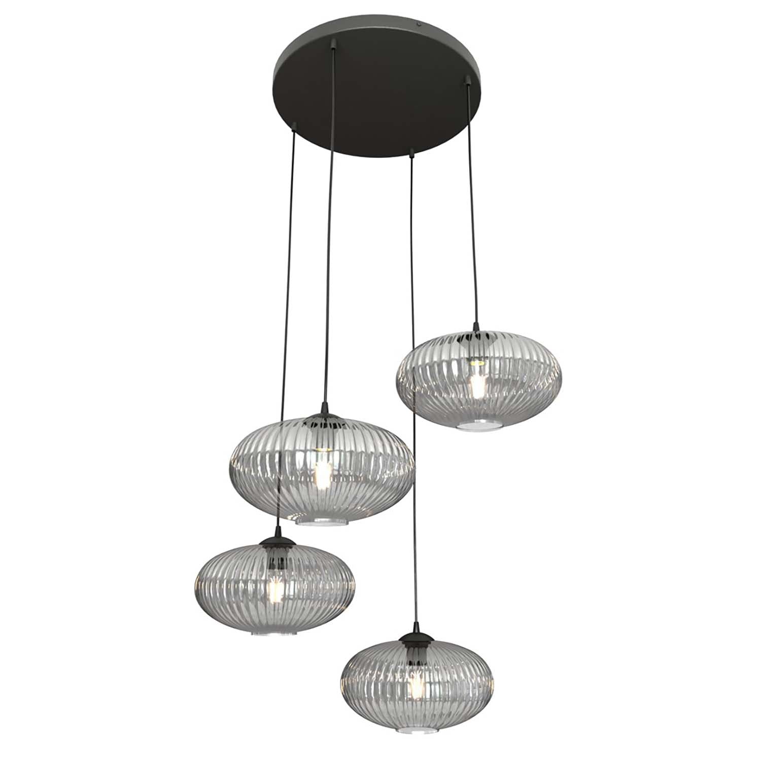 Lampadario 4 Luci Iris Base Tonda In Acciaio Nero Paralume Plissettato Fumè