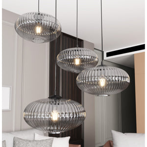 Lampadario 4 Luci Iris Base Tonda In Acciaio Nero Paralume Plissettato Fumè