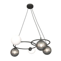 Lampadario 5 Luci Eolo A Cerchi E Diffusori In Vetro Rigato Opale E Fumè