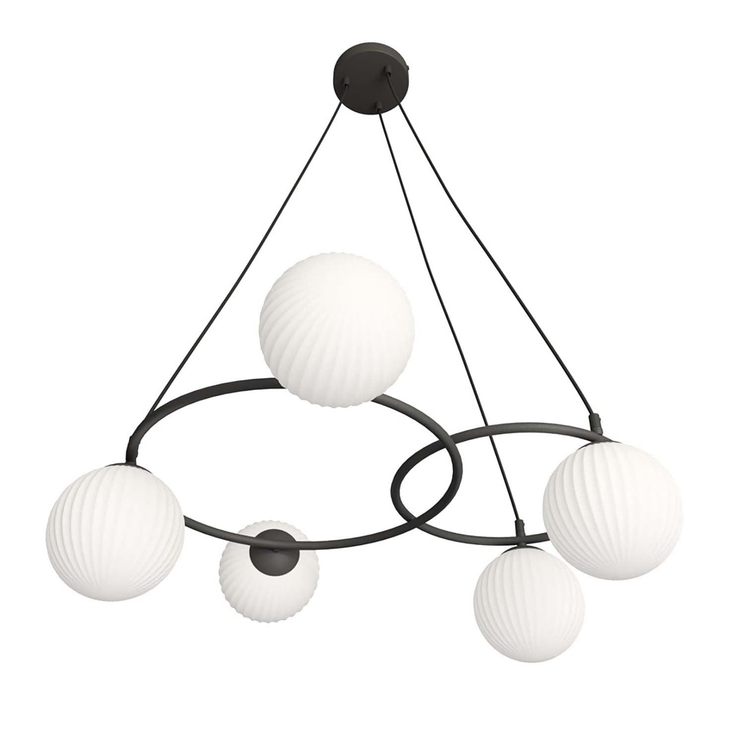 Lampadario 5 Luci Eolo A Cerchi E Diffusori In Vetro Rigato Opale