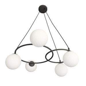 Lampadario 5 Luci Eolo A Cerchi E Diffusori In Vetro Rigato Opale