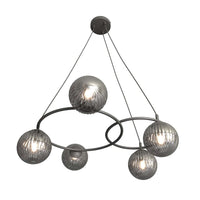 Lampadario 5 Luci Eolo A Cerchi E Diffusori In Vetro Rigato Fumè