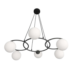 Lampadario 6 Luci Eolo A Cerchi E Diffusori In Vetro Rigato Opale