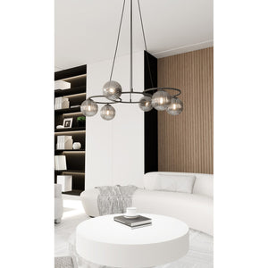 Lampadario 6 Luci Eolo A Cerchi E Diffusori In Vetro Rigato Fumè